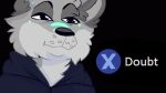  16:9 anthro black_background blue_markings canid canine canis clothing english_text fur grey_body grey_fur hoodie jayrogueartwork l.a._noire male mammal markings meme press_x_to_doubt reaction_image simple_background solo text topwear widescreen wolf 