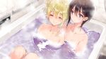  2girls bangs bathing bathtub black_hair blonde_hair blue_eyes breasts cleavage closed_eyes closed_mouth collarbone dsmile furutachi_ren game_cg hair_between_eyes hair_bun hayahoshi_akuru multiple_girls nude oshi_no_love_yori_koi_no_love partially_submerged shiny shiny_hair short_hair small_breasts smile 