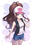  1girl absurdres antenna_hair baseball_cap black_vest blue_eyes blue_shorts brown_hair closed_mouth commentary_request eyelashes hand_up hat high_ponytail highres hilda_(pokemon) holding holding_poke_ball long_hair open_clothes open_vest poke_ball poke_ball_(basic) pokemon pokemon_(game) pokemon_bw shirt shorts sidelocks sleeveless sleeveless_shirt smile solo todeu_(cool8254) vest white_headwear white_shirt 