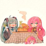  aqua_hair blue_hair blue_necktie blush blush_stickers closed_eyes closed_mouth hair_ornament hatsune_miku headset hotpot kotatsu long_hair megurine_luka necktie open_mouth pink_hair satuki_usagi table takoluka twintails under_kotatsu under_table very_long_hair vocaloid 