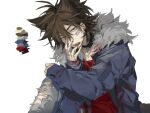  1boy animal_ears blood blood_on_clothes blood_on_face blue_jacket brown_hair chinese_commentary chuhaokuangbaozhanji collar color_guide commentary_request denim fangs fur-trimmed_jacket fur_trim green_eyes isoi_reiji jacket jeans kemonomimi_mode male_focus open_clothes open_jacket open_mouth pants red_shirt saibou_shinkyoku sanpaku shirt simple_background solo spiked_collar spikes torn_clothes torn_jeans torn_pants white_background wolf_ears 