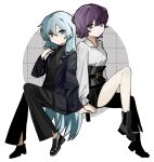  2girls asahina_mafuyu bangs belt black_footwear black_jacket black_pants blue_eyes blue_hair hair_between_eyes jacket jewelry light_blue_hair long_hair multiple_girls necklace pants project_sekai purple_hair sesam344 shirt short_hair very_long_hair white_shirt yoisaki_kanade 