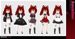  1girl ahoge animal_ear_fluff animal_ears apron artist_name bandaged_leg bandages bangs black_footwear black_hairband black_jacket black_shirt black_socks boots brown_eyes character_name character_request closed_mouth dress frilled_apron frills fur-trimmed_dress fur-trimmed_sleeves fur_trim hair_between_eyes hairband hands_up head_tilt highres jacket kneehighs long_hair long_sleeves looking_at_viewer multiple_views open_clothes open_jacket outline plaid plaid_skirt pleated_skirt purple_sailor_collar purple_skirt red_dress red_hair sailor_collar saru school_uniform serafuku shirt shoes single_kneehigh single_sock skirt socks striped striped_background twintails variations vertical_stripes vroid waist_apron white_apron white_outline white_shirt white_socks 