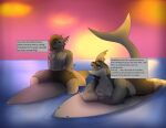 anthro bottomwear bulge clothed clothing dialogue duo eyewear fish glasses hi_res john_(photolol.03) looking_at_another lying male male/male marine muscular muscular_anthro muscular_male photolol.03 piercing shark shorts simple_background surfboard tattoo text 