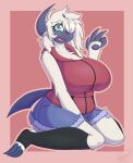  2022 absol anthro artist_name big_breasts black_nose breasts chest_tuft clothed clothing digital_media_(artwork) female generation_3_pokemon green_eyes hair hair_over_eye hi_res looking_at_viewer nintendo one_eye_obstructed open_mouth pokemon pokemon_(species) simple_background snackbunnii solo thick_thighs tia_(lunarspy) tuft video_games white_hair 