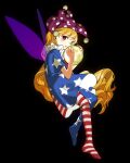  1girl american_flag_dress american_flag_legwear black_background blonde_hair clownpiece dress fairy fairy_wings full_body hat jester_cap kaigen_1025 long_hair moon_(ornament) open_mouth pantyhose pink_eyes pink_headwear polka_dot polka_dot_headwear short_sleeves simple_background solo star_(symbol) star_print striped striped_dress striped_pantyhose touhou wings 