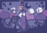  1boy ben-day_dots boo_(mario) branch brooch brown_hair cape cloud crescent_moon facial_hair fangs ghost gloves halloween hat highres jewelry long_sleeves loveycloud male_focus mario_(series) moon mustache open_mouth pointy_ears purple_background screentones smile top_hat vampire_costume waistcoat waluigi white_gloves 