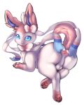  absurd_res anus balls blue_eyes blush butt chromaticfox eeveelution feral generation_6_pokemon genitals hi_res looking_at_viewer male nintendo pawpads paws pokemon pokemon_(species) simple_background solo sylveon video_games white_background white_body 