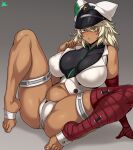  1girl :o absurdres arm_support bandaged_arm bandaged_leg bandages bare_shoulders breasts dark-skinned_female dark_skin guilty_gear guilty_gear_strive hat highres jmg large_breasts micro_shorts navel plump ramlethal_valentine shorts sitting solo spread_legs thighhighs yellow_eyes 