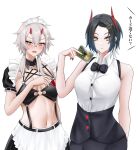 2girls apron azur_lane bare_arms bare_shoulders black_hair card character_request hand_up highres holding holding_card horns jakqbigone kinu_(azur_lane) maid midriff multiple_girls navel puffy_short_sleeves puffy_sleeves short_hair short_sleeves shrug_(clothing) simple_background stomach ulrich_von_hutten_(azur_lane) waist_apron white_background white_hair yellow_eyes 