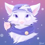  2022 absurd_res anthro arctic_fox blue_eyes canid canine clothing digital_media_(artwork) fox fur hat headgear headshot_portrait headwear hi_res long_ears male mammal pink_nose portrait scarf silhouettefr smile solo teenager white_body white_fur young 