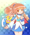  1girl 1other arle_nadja armor breastplate brown_hair cape carbuncle_(puyopuyo) closed_mouth looking_back madou_monogatari open_mouth ponytail puyopuyo shoulder_armor star_(symbol) umasiosa yellow_background 