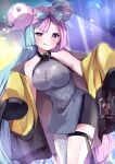  1girl :q absurdres bangs bike_shorts blush breasts character_hair_ornament commentary_request eyelashes green_hair grey_pantyhose grey_vest hair_ornament herunia_kokuoji highres iono_(pokemon) jacket long_hair looking_at_viewer multicolored_hair pantyhose pokemon pokemon_(game) pokemon_sv purple_eyes purple_hair single_leg_pantyhose solo thigh_strap tongue tongue_out two-tone_hair vest yellow_jacket 