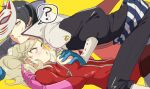  1boy 1girl ? accidental_pervert ass blonde_hair blue_eyes blue_hair boy_on_top breast_grab cheeseko collar couple earrings fox_mask gloves grabbing hetero jewelry kitagawa_yuusuke light_blush mask mask_on_head open_clothes persona persona_5 simple_background sweatdrop takamaki_anne twintails white_collar yellow_background zipper 