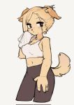  2022 anthro blonde_hair bodily_fluids bottomwear breasts brown_eyes canid canine canis cleavage clothed clothing crayon_(artist) crop_top domestic_dog female fur hair hi_res kemono looking_at_viewer mammal midriff navel pants ring shirt simple_background solo standing sweat topwear towel yellow_body yellow_fur 
