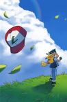  1boy absurdres ash_ketchum baseball_cap blue_sky carrying cloud cloudy_sky fingerless_gloves gloves grass hat hat_removed headwear_removed highres looking_back loveycloud male_focus open_clothes open_shirt pants piggyback pikachu pokemon pokemon_(anime) pokemon_(classic_anime) pokemon_(creature) shoes sky sneakers tail wind 