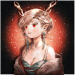  artist_name bare_shoulders blonde_hair blush_stickers border breasts cleavage collarbone dot_nose dragon_horns dress earrings fur_coat green_dress horns jewelry k0nfette kicchou_yachie looking_to_the_side mole_on_body off_shoulder parted_hair parted_lips pointy_ears red_background red_eyes short_hair sparkle spotlight tassel tassel_earrings touhou white_border 