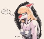  anthro blonde_hair blue_eyes bone_frill breasts cleavage clothed clothing colored cross-hatching deadassspider dinosaur english_text eyeliner female frill_(anatomy) hadrosaurid hair hatching_(art) hi_res i_wani_hug_that_gator makeup mia_(iwhtg) ornithischian parasaurolophus pink_body reptile scalie shaded shirt simple_background sleeveless_shirt snout solo speech_bubble tank_top text topwear 