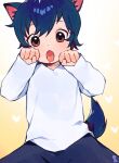  1boy animal_ears blue_hair brown_eyes character_request child commentary copyright_request english_commentary heart highres long_sleeves looking_at_viewer male_child male_focus open_mouth shirt tail thebrushking white_shirt wolf_boy wolf_children wolf_cub 
