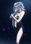  1girl absurdres ak-12_(girls&#039;_frontline) ak-12_(quiet_azure)_(girls&#039;_frontline) aqua_dress arm_up artist_name bangs bare_shoulders bracelet breasts cleavage closed_eyes commentary dress earrings feet_out_of_frame gincho girls&#039;_frontline grey_hair hand_on_own_elbow highres jewelry long_hair medium_breasts navel official_alternate_costume ponytail ring simple_background solo standing thighs 