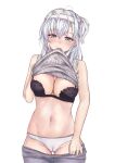  1girl absurdres ahshi_(yingchuan_songshu) black_bra bra breasts cameltoe cleavage closed_mouth clothes_pull covered_nipples embarrassed grey_eyes grey_hair grey_pantyhose hachimaki headband highres kantai_collection large_breasts lifted_by_self looking_at_viewer navel open_mouth panties pantyhose pantyhose_pull ribbed_sweater side_ponytail smile solo suzutsuki_(kancolle) sweater underwear white_headwear white_panties 