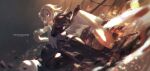  1girl armor artist_name black_thighhighs blonde_hair chain fate/grand_order fate_(series) faulds gauntlets headpiece highres jeanne_d&#039;arc_(fate) long_braid plackart purple_eyes qtian solo thighhighs 