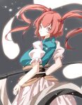  1girl bangs black_background closed_mouth ghost hair_bobbles hair_ornament holding holding_scythe jyaoh0731 long_hair looking_at_viewer looking_back onozuka_komachi puffy_short_sleeves puffy_sleeves red_eyes red_hair sash scythe short_sleeves solo touhou twintails 
