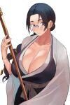  1girl absurdres black_hair bleach blood_hood braid breasts cleavage glass haori highres holding holding_weapon huge_breasts japanese_clothes katori_batsuunsai looking_to_the_side round_eyewear shinigami sidelocks single_braid solo taichou_haori weapon white_background 