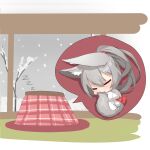  1girl animal_ear_fluff animal_ears bangs bare_tree biting chibi closed_eyes commentary_request fox_ears fox_girl fox_tail grey_hair hair_between_eyes highres japanese_clothes kimono kotatsu long_hair long_sleeves lying obi on_side original ponytail sash snow snowing solo table tail tail_biting tree under_kotatsu under_table very_long_hair white_kimono wide_sleeves yuuji_(yukimimi) zzz 