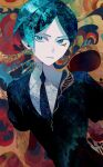  1other absurdres androgynous aqua_hair crystal_hair dna gem_uniform_(houseki_no_kuni) highres houseki_no_kuni looking_at_viewer patterned_background patterned_clothing patterned_hair phosphophyllite phosphophyllite_(gemstone) puffy_short_sleeves puffy_sleeves short_hair short_sleeves solo_focus yadu_nadu 