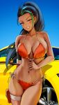  1girl bare_shoulders bikini black_hair blush breasts car cleavage collarbone foxyreine green_hair grin ground_vehicle high_ponytail highres large_breasts long_hair looking_at_viewer motor_vehicle multicolored_hair navel nemona_(pokemon) orange_bikini orange_eyes pokemon pokemon_(game) pokemon_sv pouch smile solo streaked_hair swimsuit thigh_strap thighs wet 