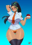  1girl arm_behind_head arm_up black_hair black_thighhighs breasts brown_eyes dark-skinned_female dark_skin freckles green_hair grin highleg highleg_panties highres holding holding_poke_ball jadenkaiba long_hair looking_down multicolored_hair necktie nemona_(pokemon) panties poke_ball poke_ball_(basic) pokemon pokemon_(game) pokemon_sv ponytail shirt smile solo streaked_hair thick_thighs thigh_gap thighhighs thighs underwear watermark 