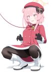  absurdres aimpoleume bell beret blue_archive blush boots breasts collar halo hat highres leash medium_breasts pantyhose pink_eyes pink_hair serina_(blue_archive) shadow squatting sweat sweatdrop white_background 