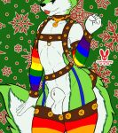  animal_genitalia anthro armwear balls bell black_nose canid canine christmas christmas_background clothing cutefckngbunny digital_media_(artwork) fidget_the_fox fox fur genitals green_body green_eyes green_fur hair harness hi_res holidays legwear male mammal multicolored_armwear multicolored_clothing multicolored_legwear multicolored_thigh_highs nude penis rainbow_armwear rainbow_clothing rainbow_legwear rainbow_pride_colors rainbow_thigh_highs sheath simple_background smile solo thigh_highs tongue tongue_out white_body white_fur 