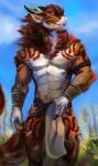  abs alcepiade anthro belt biped blue_eyes bottomwear bracelet claws clothed clothing day detailed_background dragon esperpenta fangs felkin finger_claws fingers forest fur furred_dragon hair hi_res horn humanoid_hands jewelry loincloth looking_at_viewer male multicolored_body multicolores_hair muscular muscular_anthro muscular_male narrowed_eyes nature navel nipples orange_body orange_fur outside pecs plant pubes seductive sky smile solo standing teeth topless tree tribal tuft underwear white_body white_fur wingless_dragon 