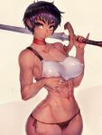  1girl armor berserk blush breastplate breasts brown_hair casca_(berserk) cleavage dark-skinned_female dark_skin fumio_(rsqkr) highres holding holding_sword holding_weapon muscular muscular_female navel nipples nude scar short_hair sword teeth thong weapon yellow_eyes 