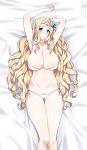  1girl :o armpits ass_visible_through_thighs bed_sheet bikini blonde_hair blue_eyes breasts cleavage commission dakimakura_(medium) gabriel_(high_school_dxd) hair_ornament high_school_dxd highres large_breasts lindaroze long_hair looking_at_viewer navel solo swimsuit thigh_gap tiara underwear wavy_hair white_bikini 