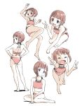  1girl :d bikini brown_hair fang highres imocool purple_eyes senjuin_koharu short_hair sitting skin_fang smile squatting swimsuit v white_background yama_no_susume yokozuwari 