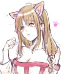  1girl animal_ears arc_the_lad arc_the_lad_ii bare_shoulders blush braid breasts brown_eyes brown_hair cat_ears cleavage closed_mouth collarbone dress lieza_(arc_the_lad) long_hair paw_pose simple_background single_braid solo stripe335 very_long_hair white_background 