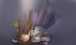  1girl absurdres alc.3vol ballerina ballet ballet_dress ballet_slippers bangs blue_eyes breasts brown_hair closed_mouth dress fish full_body highres long_hair looking_at_viewer medium_breasts original pantyhose simple_background solo starfish tutu underwater white_dress white_pantyhose 