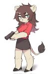  2022 anthro black_bottomwear black_clothing black_skirt bottomwear brown_hair clothed clothing crayon_(artist) felid female footwear fully_clothed fur green_eyes gun hair handgun hi_res high_heels holding_gun holding_object holding_weapon kemono lion long_hair looking_aside mammal pantherine ranged_weapon red_clothing red_shirt red_topwear shirt simple_background skirt solo standing tan_body tan_fur topwear weapon white_background 