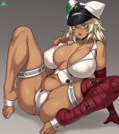  1girl :o absurdres arm_support bandaged_arm bandaged_leg bandages bare_shoulders breasts dark-skinned_female dark_skin guilty_gear guilty_gear_strive hat highres jmg large_breasts micro_shorts navel plump ramlethal_valentine sharp_teeth shorts sitting solo spread_legs teeth thighhighs yellow_eyes 