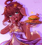  2022 5_fingers ahoge anthro artist_name blue_eyes brown_hair burger canid canine canis clothed clothing coffeechicken domestic_dog female fingers food fries gradient_background hair hi_res holding_food holding_object kess_(coffeechicken) mammal plate short_hair simple_background solo 