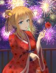  1girl :o absurdres alc.3vol bangs blonde_hair blue_eyes braid breasts candy fireworks food fran_(shironeko_project) french_braid hair_bun hair_ribbon highres holding holding_candy holding_food japanese_clothes kimono long_hair looking_at_viewer open_mouth red_kimono ribbon shironeko_project single_hair_bun solo standing yukata 