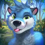  1:1 2022 anthro berubeswagos black_nose blep blue_body blue_fur blurred_background bust_portrait digital_drawing_(artwork) digital_media_(artwork) eye_glint fluffy fur green_eyes happy hi_res icon looking_at_viewer male mammal multicolored_body multicolored_fur mustelid otter outside plant portrait shaded sky solo teeth tongue tongue_out tree white_body white_fur 
