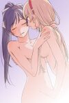  2girls aroused between_legs blush bow breasts closed_eyes collarbone completely_nude fog hair_bow hair_ribbon hairband half-closed_eyes hand_between_legs hand_on_another&#039;s_back hand_on_another&#039;s_neck hand_on_another&#039;s_shoulder hazuki_ren heanna_sumire highres imminent_kiss implied_fingering kikorinolily large_breasts long_hair love_live! love_live!_superstar!! multiple_girls navel nude parted_lips ponytail purple_background red_hairband ribbon yuri 