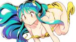  1girl animal_print bra_slip breasts green_hair highres horns long_hair lum medium_breasts oni_horns orange_eyes print_footwear solo urusei_yatsura white_background yasu_(pixiv) 