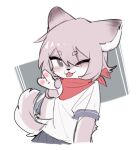  2022 :3 ambiguous_gender anthro bandanna bandanna_on_neck blush canid canine canis clothing crayon_(artist) domestic_dog fur gesture grey_body grey_eyes grey_fur grey_hair hair hi_res kemono kerchief looking_at_viewer mammal one_eye_closed red_bandanna red_kerchief shirt simple_background smile solo tongue tongue_out topwear v_sign white_body white_clothing white_fur white_shirt white_topwear wink 