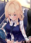  1boy 1girl azur_lane bag blonde_hair blue_dress blue_eyes blue_necktie blush braid dress glorious_(azur_lane) glorious_(glorious_school_life)_(azur_lane) hair_ribbon highres holding_hands necktie ribbon school_uniform shirt sitting smile sweat tonchinkan train_interior white_ribbon white_shirt 