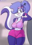  accessory anthro big_breasts bottomwear bra breasts chest_tuft clothing davidsanchan earbuds female fifi_la_fume headband headphones hi_res mammal mephitid midriff musical_note resting_arm shorts skunk solo sports_bra tight_clothing tiny_toon_adventures tuft underwear warner_brothers wristband 